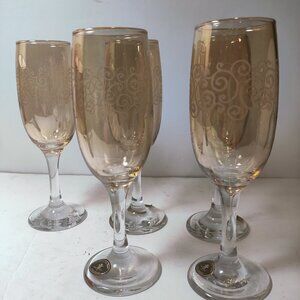 Vintage Cristalleria Fratelli Fumo Etched Crystal Fluted Wine/ Champagne Glasses